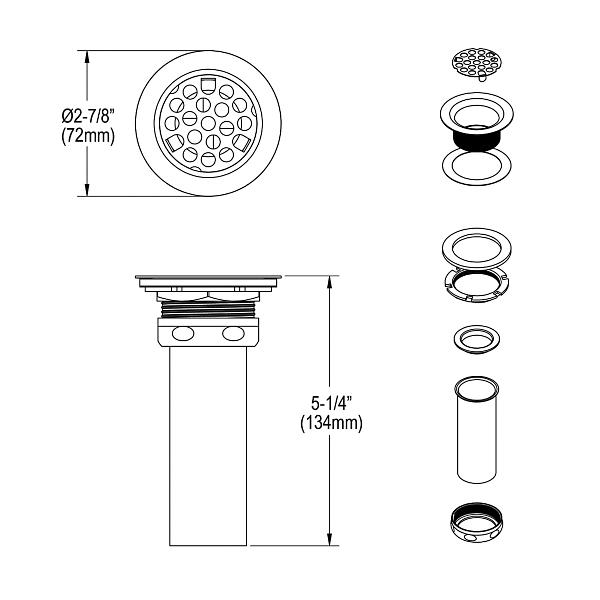 Elkay LK337 Drain Fitting 2" Type 316 Stainless Steel Body Grid Strainer and Tailpiece