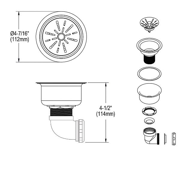 Elkay LK35L 3-1/2" Drain Fitting Type 304 Stainless Steel Body Strainer Basket Tailpiece and Elbow