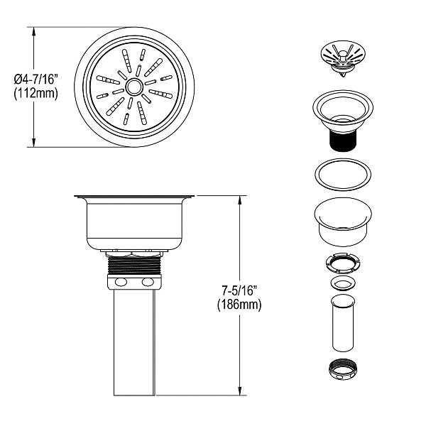 Elkay LK35B 3-1/2" Drain Fitting Type 304 Stainless Steel Body Strainer Basket and Tailpiece