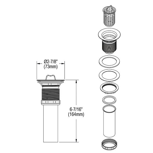 Elkay LK36 Drain Fitting 2" Nickel Plated Brass Body with Deep Stainless Steel Strainer Basket