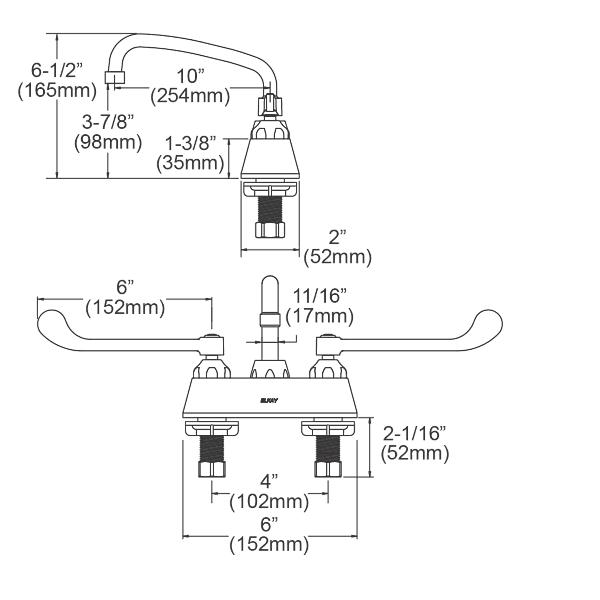 Elkay LK406AT10T6 4" Centerset with Exposed Deck Faucet with 10" Arc Tube Spout 6" Wristblade Handles