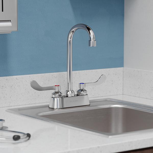 Elkay LK406GN05T4 4" Centerset with Exposed Deck Faucet with 5" Gooseneck Spout 4" Wristblade Handles Chrome