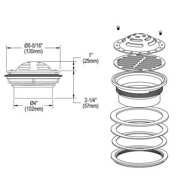 Elkay LK43 Drain Fitting 5-1/2" Stainless Steel Dome / Flat Grid Strainer