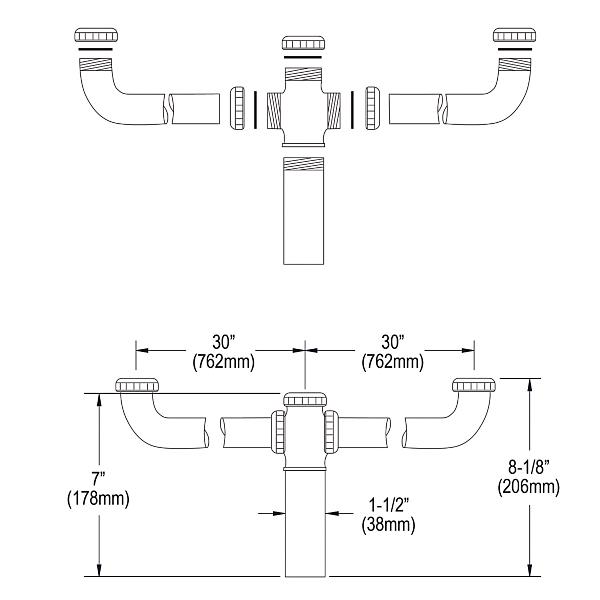 Elkay LK60 Drain Fitting Center Outlet for Triple Bowl Sinks with Aligned Drains