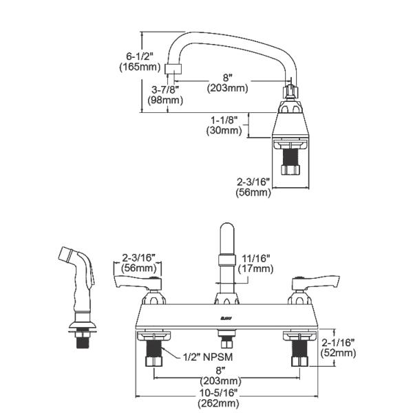 Elkay LK811AT08L2 8" Centerset with Exposed Deck Faucet with 8" Arc Tube Spout 2" Lever Handles Plus Side Spray Chrome