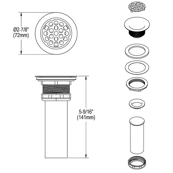 Elkay LK9 Drain Fitting Type 304 Stainless Steel Body Grid Strainer and Brass Tailpiece