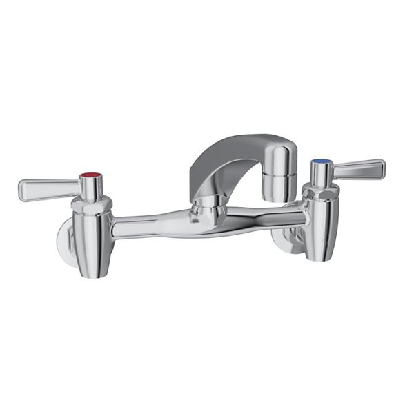 Elkay LK940AT08L2S Foodservice 8" Centerset Wall Mount Faucet with 8" Arc Tube Spout 2" Lever Handles 1/2" Offset Inlets+Stop