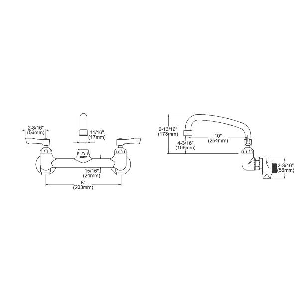 Elkay LK940AT10L2S Foodservice 8" Centerset Wall Mount Faucet with 10" Arc Tube Spout 2" Lever Handles 1/2" Offset Inlets+Stop