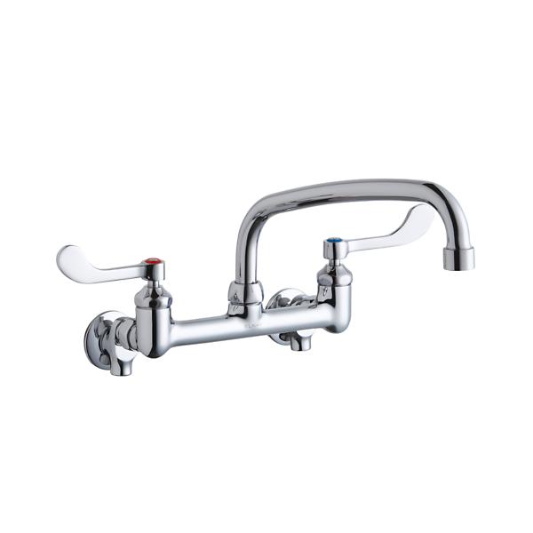 Elkay LK940AT10T4S Foodservice 8" Centerset Wall Mount Faucet with 10" Arc Tube Spout 4in Wristblade Handles 1/2" Offset Inlets+Stop