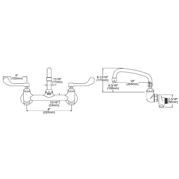 Elkay LK940AT10T4S Foodservice 8" Centerset Wall Mount Faucet with 10" Arc Tube Spout 4in Wristblade Handles 1/2" Offset Inlets+Stop