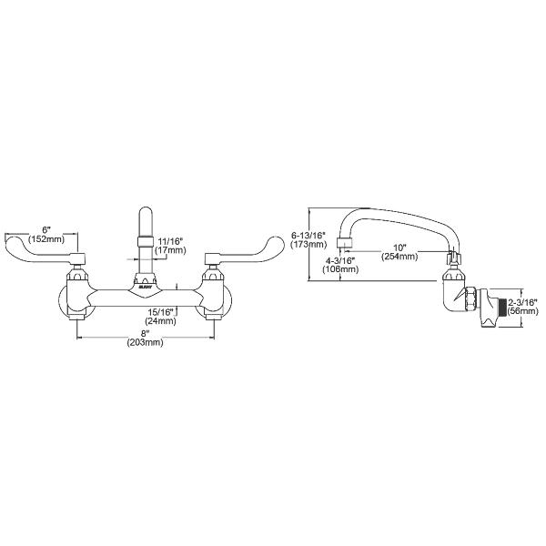 Elkay LK940AT10T6S Foodservice 8" Centerset Wall Mount Faucet with 10" Arc Tube Spout 6in Wristblade Handles 1/2" Offset Inlets+Stop