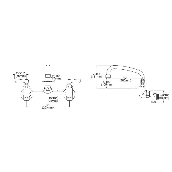 Elkay LK940AT12L2S Foodservice 8" Centerset Wall Mount Faucet with 12" Arc Tube Spout 2" Lever Handles 1/2" Offset Inlets+Stop