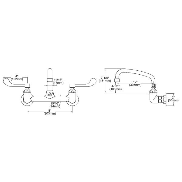 Elkay LK940AT12T4H Foodservice 8" Centerset Wall Mount Faucet with 12" Arc Tube Spout 4" Wristblade Handles 1/2" Offset Inlets