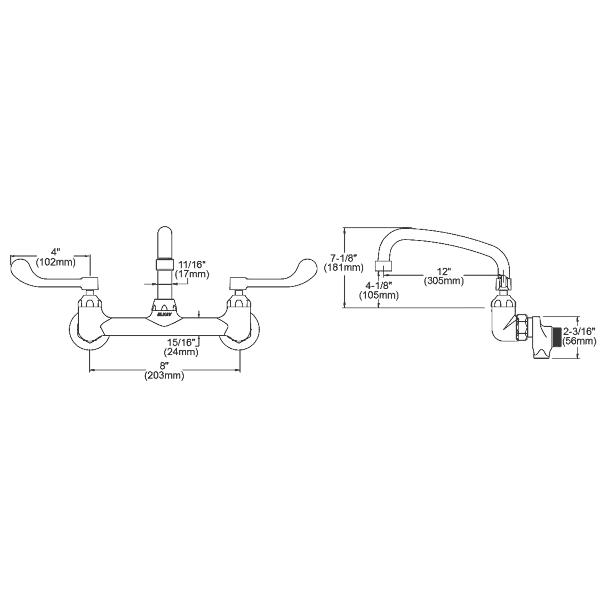 Elkay LK940AT12T4S Foodservice 8" Centerset Wall Mount Faucet with 12" Arc Tube Spout 4in Wristblade Handles 1/2" Offset Inlets+Stop