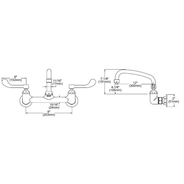 Elkay LK940AT12T6H Foodservice 8" Centerset Wall Mount Faucet with 12" Arc Tube Spout 6" Wristblade Handles 1/2" Offset Inlets