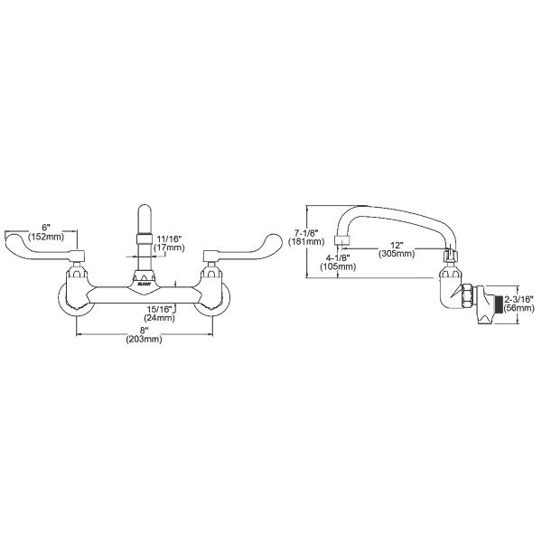 Elkay LK940AT12T6S Foodservice 8" Centerset Wall Mount Faucet with 12" Arc Tube Spout 6in Wristblade Handles 1/2" Offset Inlets+Stop