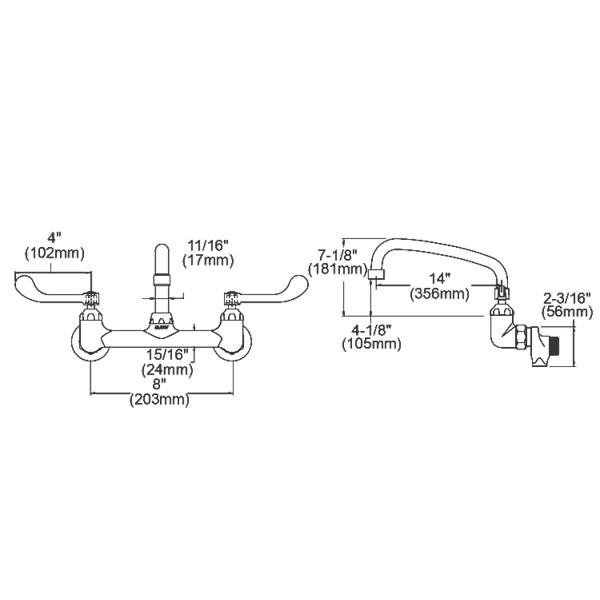 Elkay LK940AT14T4S Foodservice 8" Centerset Wall Mount Faucet with 14" Arc Tube Spout 4in Wristblade Handles 1/2" Offset Inlets+Stop