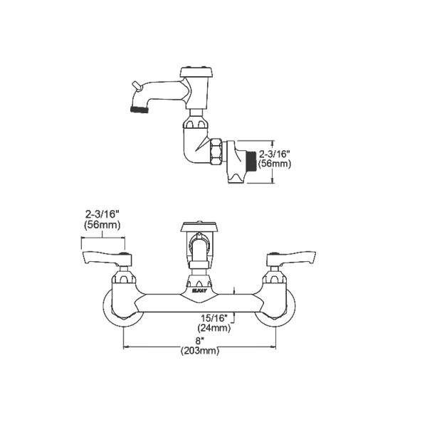 Elkay LK940BP03L2S 8" Centerset Wall Mount Faucet with 3" Bucket Hook Spt 2in Lever Handles 1/2" Offset Inlets+Stop Polished Chrome