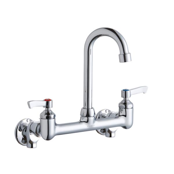 Elkay LK940GN04L2S Scrub/Handwash 8" Centerset Wall Mount Faucet with 4" Gooseneck Spout 2" Lever Handles 1/2" Offset Inlets+Stop