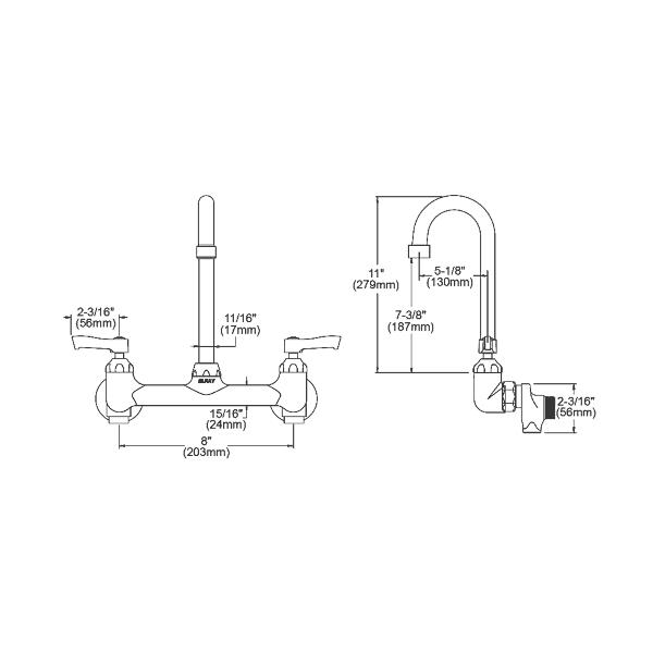 Elkay LK940GN05L2S Scrub/Handwash 8" Centerset Wall Mount Faucet with 5" Gooseneck Spout 2" Lever Handles 1/2" Offset Inlets+Stop