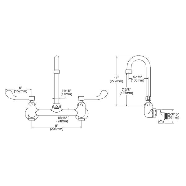 Elkay LK940GN05T6S Scrub/Handwash 8" Centerset Wall Mount Faucet w/5" Gooseneck Spout 6" Wristblade Handle 1/2" Offset Inlets+Stop