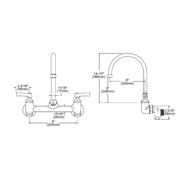 Elkay LK940GN08L2S Scrub/Handwash 8" Centerset Wall Mount Faucet with 8" Gooseneck Spout 2" Lever Handles 1/2" Offset Inlets+Stop