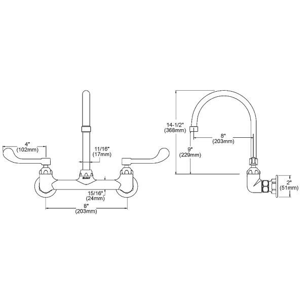 Elkay LK940GN08T4H Scrub/Handwash 8" Centerset Wall Mount Faucet w/8" Gooseneck Spout 4" Wristblade Handles 1/2" Offset Inlet