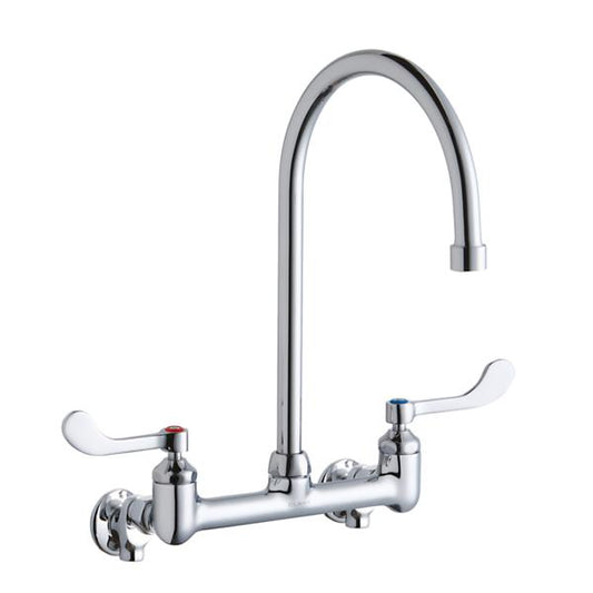 Elkay LK940GN08T4S Scrub/Handwash 8" Centerset Wall Mount Faucet with 8" Gooseneck Spout 4in Wristblade Handle 1/2" Offset Inlets+Stop