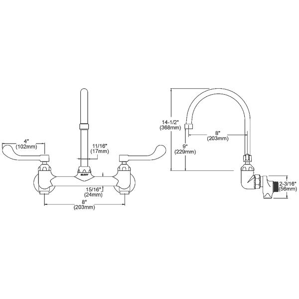 Elkay LK940GN08T4S Scrub/Handwash 8" Centerset Wall Mount Faucet with 8" Gooseneck Spout 4in Wristblade Handle 1/2" Offset Inlets+Stop