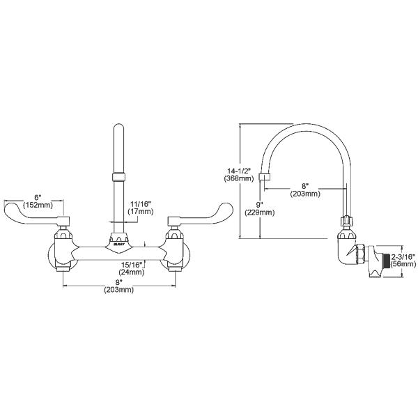 Elkay LK940GN08T6S Scrub/Handwash 8" Centerset Wall Mount Faucet w/8" Gooseneck Spout 6" Wristblade Handle 1/2" Offset Inlets+Stop