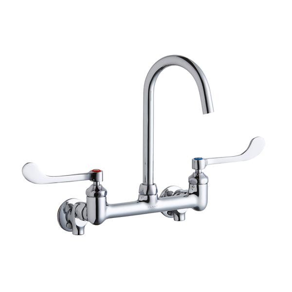 Elkay LK940LGN05T6S 8" Centerset Deck Mount Laminar Flow Faucet with 5" Gooseneck Spout 6in Wristblade Handles 1/2" Offset Inlets+Stop