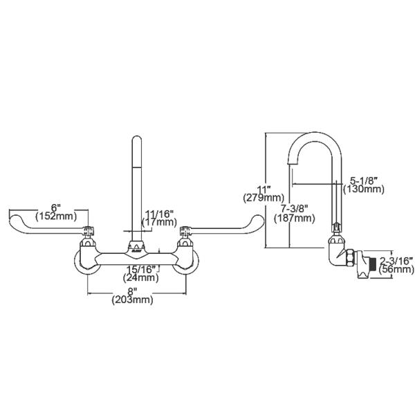 Elkay LK940LGN05T6S 8" Centerset Deck Mount Laminar Flow Faucet with 5" Gooseneck Spout 6in Wristblade Handles 1/2" Offset Inlets+Stop