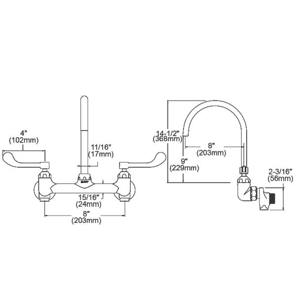 Elkay LK940LGN08T4S 8" Centerset Deck Mount Laminar Flow Faucet w/8" Gooseneck Spout 4" Wristblade Handles 1/2" Offset Inlets+Stop