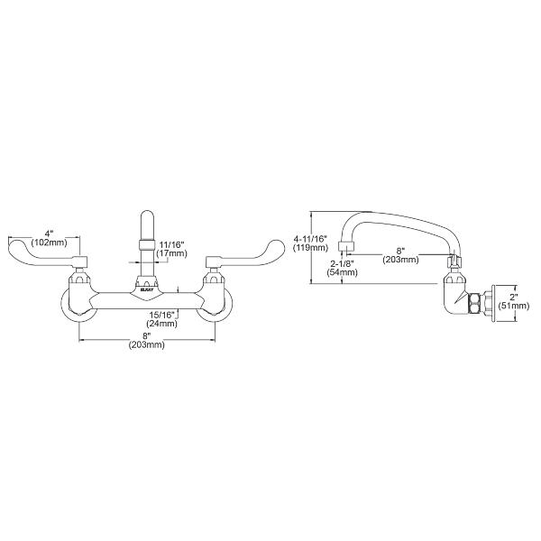 Elkay LK940TS08T4H Foodservice 8" Centerset Wall Mount Faucet with 8" Tube Spout 4" Wristblade Handles 1/2" Offset Inlet Chrome