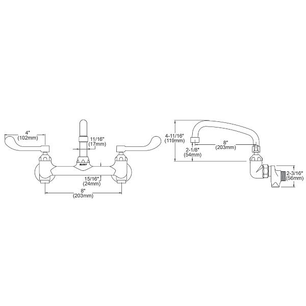 Elkay LK940TS08T4S Foodservice 8" Centerset Wall Mount Faucet with 8" Tube Spt 4" Wristblade Handles 1/2" Offset Inlets+Stop