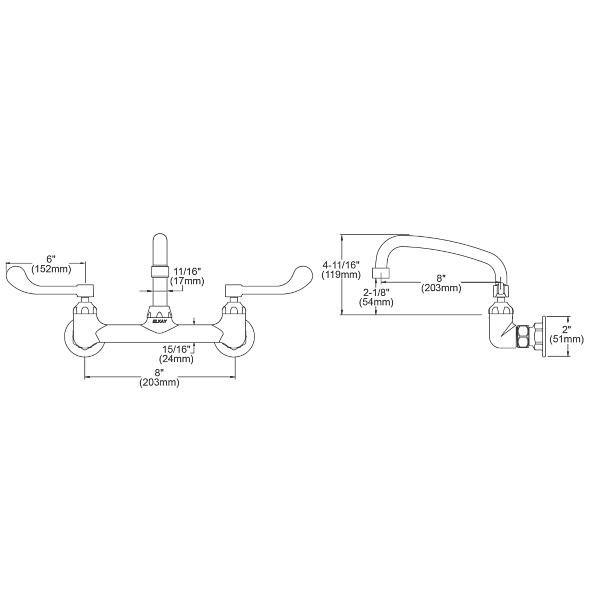 Elkay LK940TS08T6H Foodservice 8" Centerset Wall Mount Faucet with 8" Tube Spout 6" Wristblade Handles 1/2" Offset Inlet Chrome