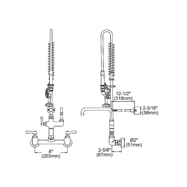 Elkay LK943AF08LC 8" Centerset Wall Mount Faucet 44" Flexible Hose with 1.2 GPM Spray Head + 8" Arc Tube Spout 2" Lever Handles