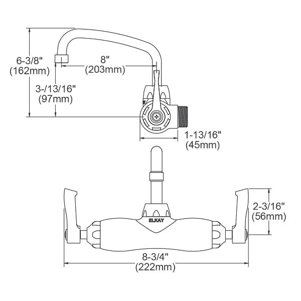 Elkay LK945AT08L2T Foodservice 3-8" Adjustable Centers Wall Mount Faucet w/8" Arc Tube Spout 2" Lever Handles 2" Inlet Chrome