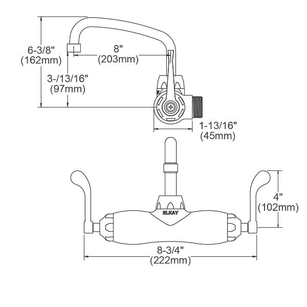 Elkay LK945AT08T4T Foodservice 3-8" Adjustable Centers Wall Mount Faucet w/8" Arc Tube Spout 4" Wristblade Handles 2" Inlet