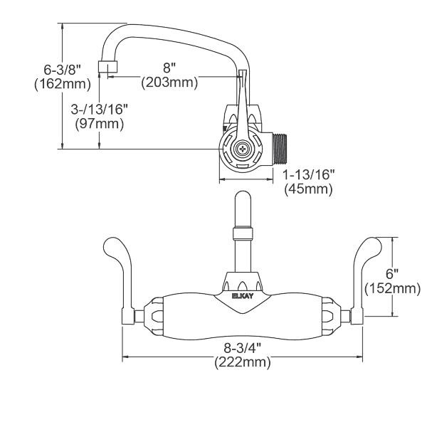 Elkay LK945AT08T6T Foodservice 3-8" Adjustable Centers Wall Mount Faucet w/8" Arc Tube Spout 6" Wristblade Handles 2" Inlet