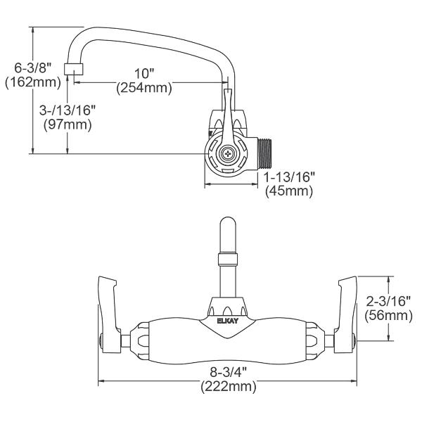 Elkay LK945AT10L2T Foodservice 3-8" Adjustable Centers Wall Mount Faucet w/10" Arc Tube Spout 2" Lever Handles 2" Inlet Chrome