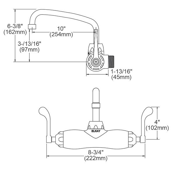 Elkay LK945AT10T4T Foodservice 3-8" Adjustable Centers Wall Mount Faucet w/10" Arc Tube Spout 4" Wristblade Handles 2" Inlet