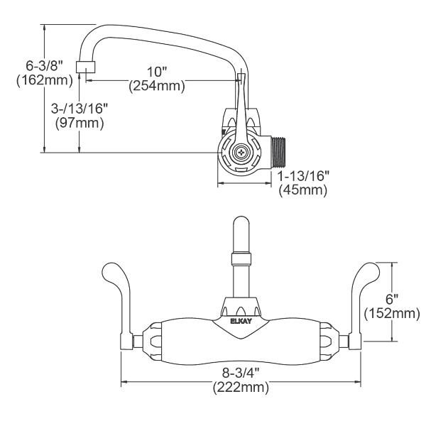 Elkay LK945AT10T6T Foodservice 3-8" Adjustable Centers Wall Mount Faucet w/10" Arc Tube Spout 6" Wristblade Handles 2" Inlet