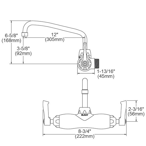 Elkay LK945AT12L2T Foodservice 3-8" Adjustable Centers Wall Mount Faucet w/12" Arc Tube Spout 2" Lever Handles 2" Inlet Chrome