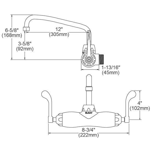 Elkay LK945AT12T4T Foodservice 3-8" Adjustable Centers Wall Mount Faucet w/12" Arc Tube Spout 4" Wristblade Handles 2" Inlet