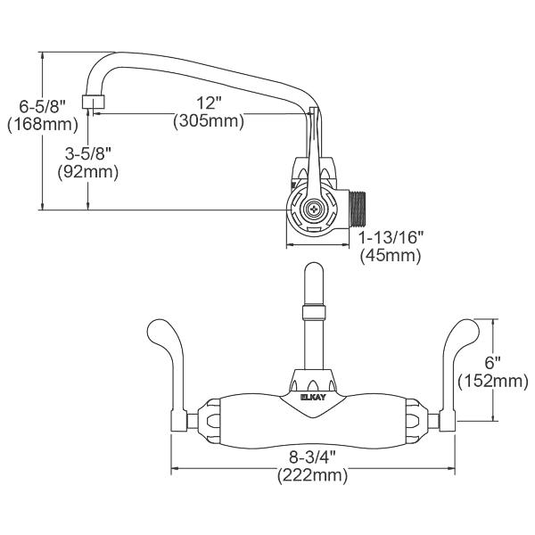 Elkay LK945AT12T6T Foodservice 3-8" Adjustable Centers Wall Mount Faucet w/12" Arc Tube Spout 6" Wristblade Handles 2" Inlet