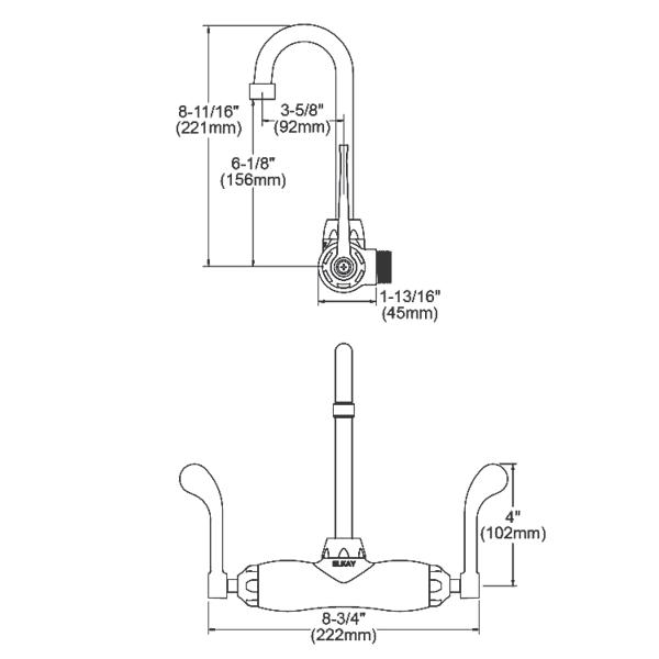 Elkay LK945GN04T4T Foodservice 3-8" Adjustable Centers Wall Mount Faucet with 4" Gooseneck Spout 4" Wristblade Handles 2" Inlet