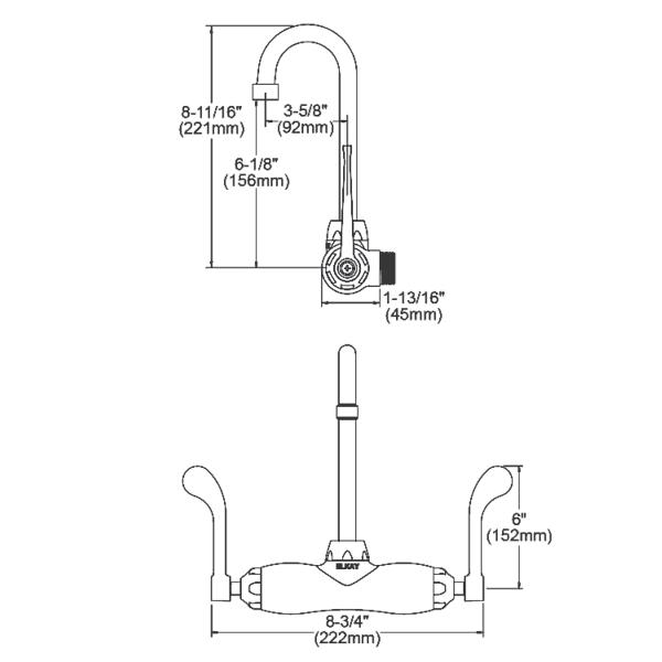 Elkay LK945GN04T6T Foodservice 3-8" Adjustable Centers Wall Mount Faucet with 4" Gooseneck Spout 6" Wristblade Handles 2" Inlet