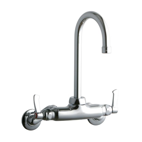 Elkay LK945GN05L2T Foodservice 3-8" Adjustable Centers Wall Mount Faucet w/5" Gooseneck Spout 2" Lever Handles 2" Inlet Chrome