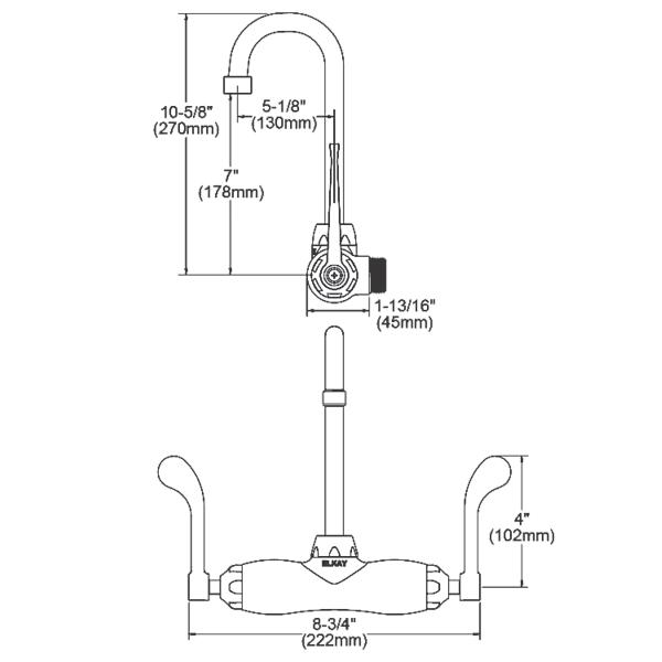 Elkay LK945GN05T4T Foodservice 3-8" Adjustable Centers Wall Mount Faucet w/5" Gooseneck Spout 4" Wristblade Handles 2" Inlet